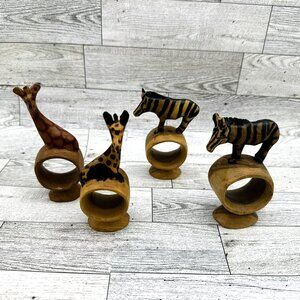 Vintage Set of 4 Hand‎ Carved African Safari Animal Wooden Napkin Rings Footed